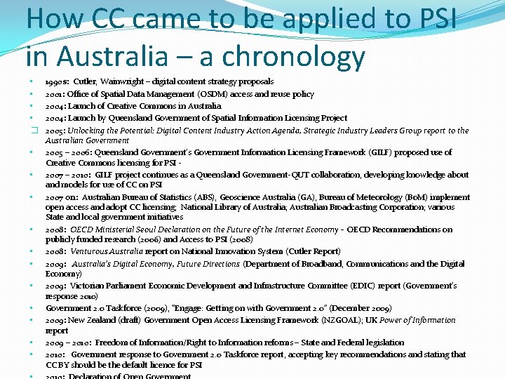 How CC came to be applied to PSI in Australia – a chronology •