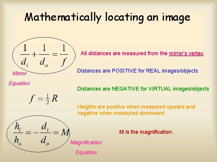 Mathematically locating an image All distances are measured from the mirror’s vertex Mirror Equation