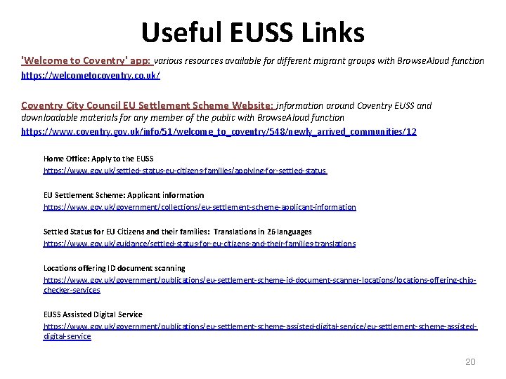 Useful EUSS Links 'Welcome to Coventry' app: various resources available for different migrant groups