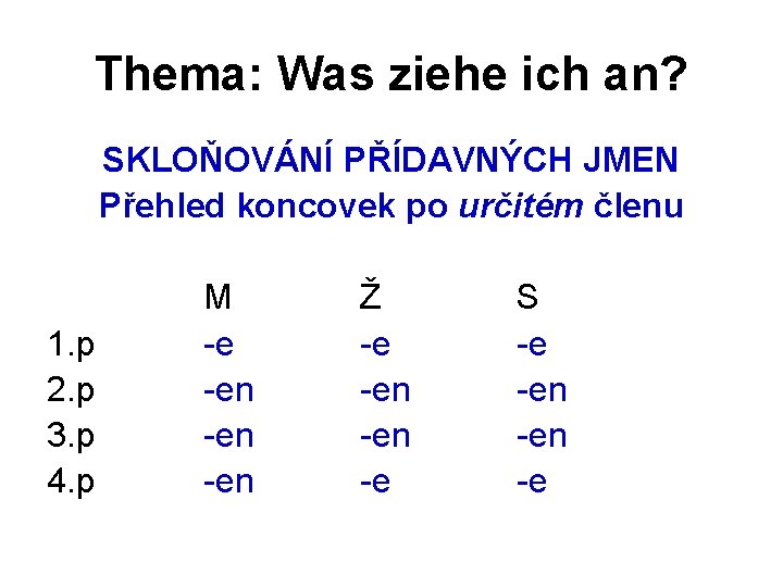 Thema: Was ziehe ich an? SKLOŇOVÁNÍ PŘÍDAVNÝCH JMEN Přehled koncovek po určitém členu 1.