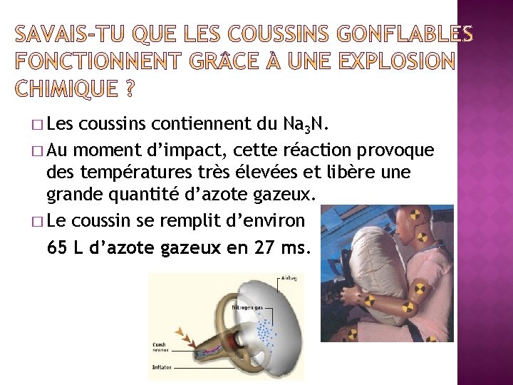 � Les coussins contiennent du Na 3 N. � Au moment d’impact, cette réaction