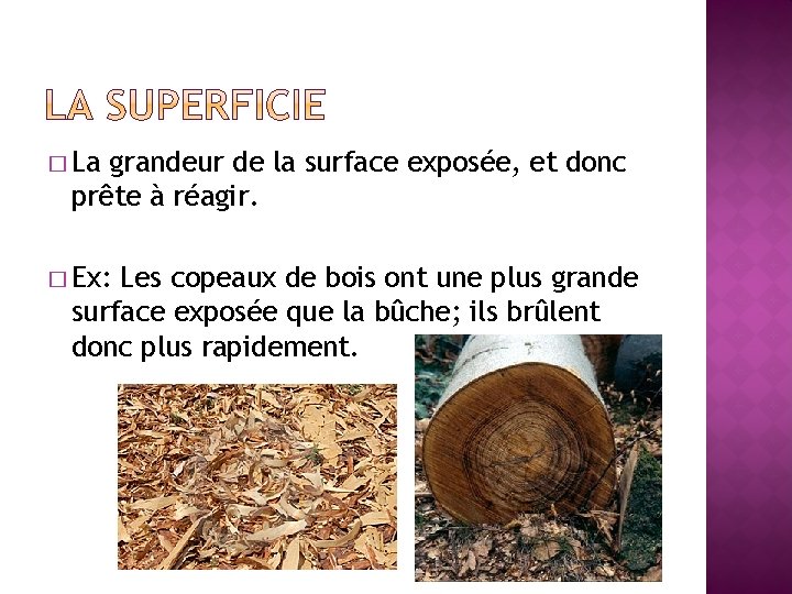 � La grandeur de la surface exposée, et donc prête à réagir. � Ex: