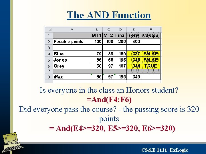 The AND Function Is everyone in the class an Honors student? =And(F 4: F