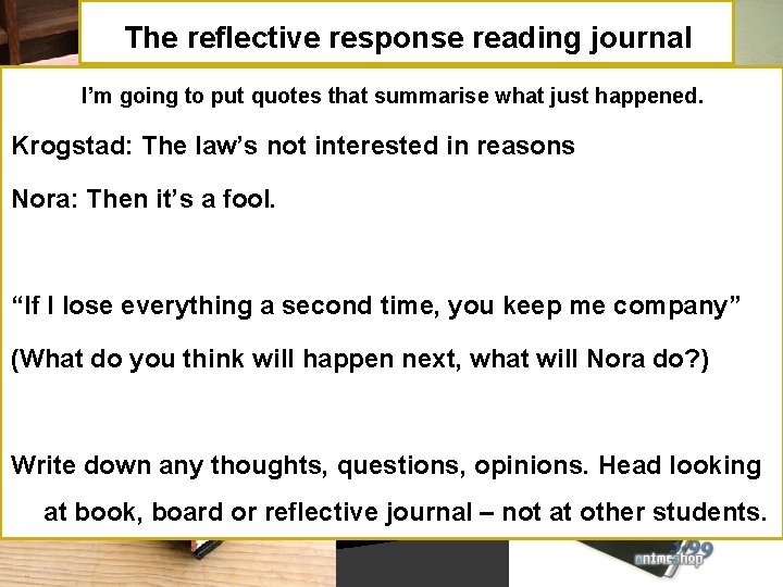 The reflective response reading journal I’m going to put quotes that summarise what just