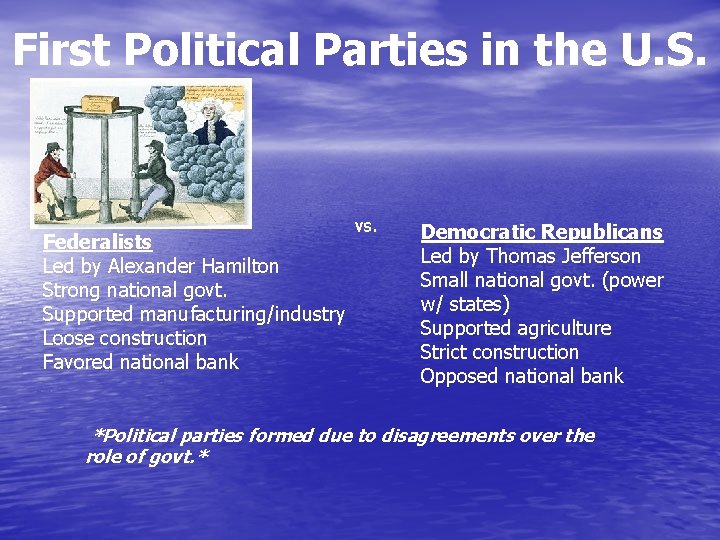 First Political Parties in the U. S. Federalists Led by Alexander Hamilton Strong national