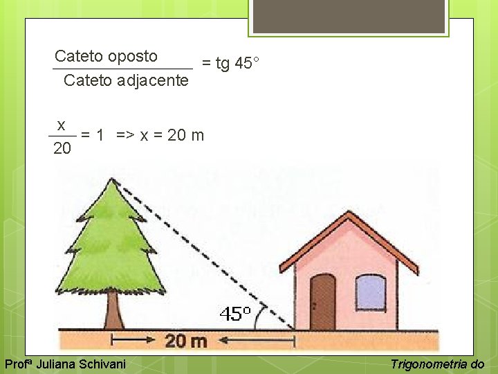 Cateto oposto = tg 45° Cateto adjacente x = 1 => x = 20