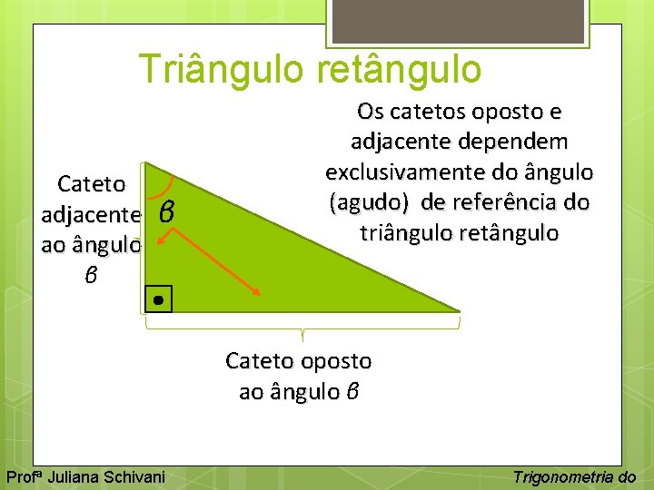 Triângulo retângulo Cateto adjacente ao ângulo β β Os catetos oposto e adjacente dependem