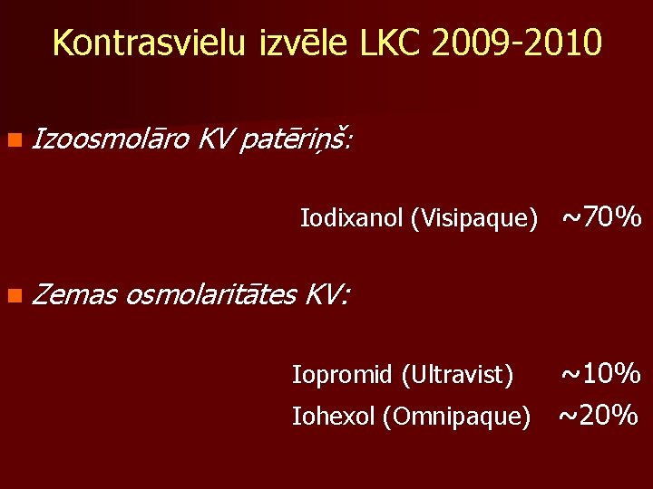 Kontrasvielu izvēle LKC 2009 -2010 n Izoosmolāro KV patēriņš: Iodixanol (Visipaque) ~70% n Zemas