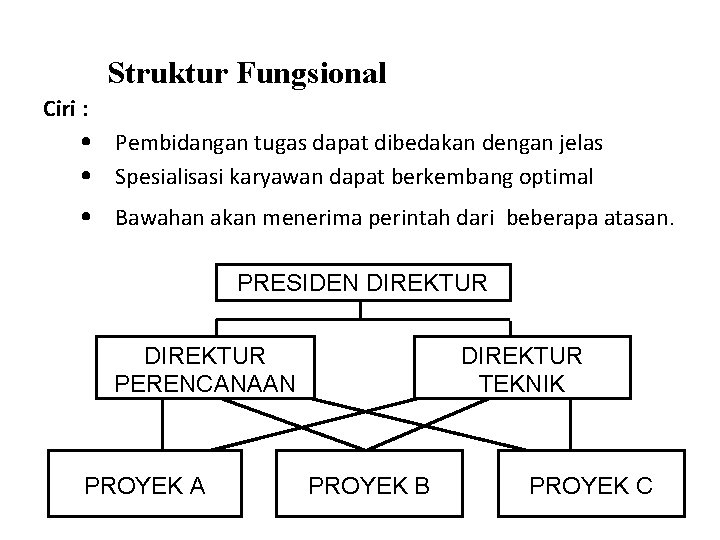 Struktur Fungsional Ciri : • Pembidangan tugas dapat dibedakan dengan jelas • Spesialisasi karyawan