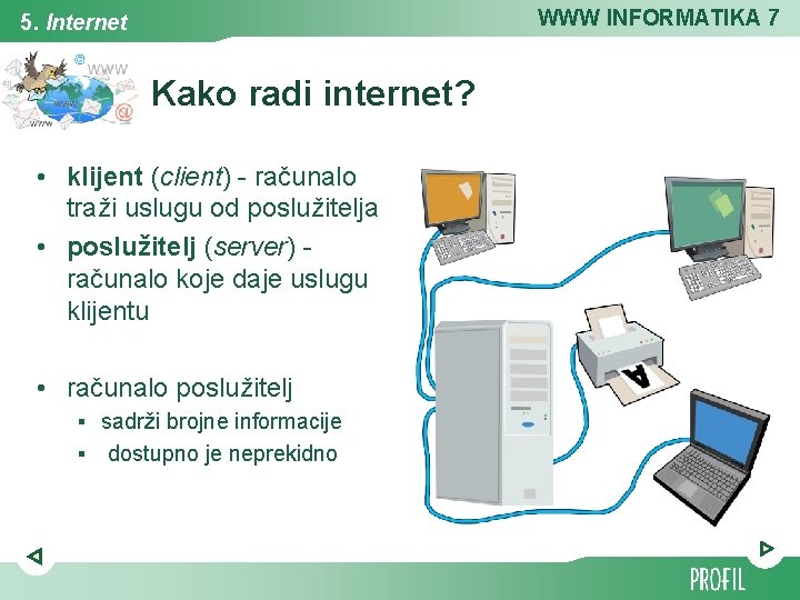WWW INFORMATIKA 7 5. Internet Kako radi internet? • klijent (client) - računalo traži