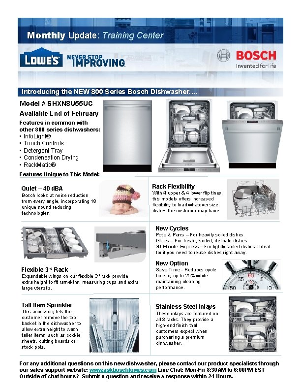 BSH Internal Communication Monthly Update: Training Center Introducing the NEW 800 Series Bosch Dishwasher….