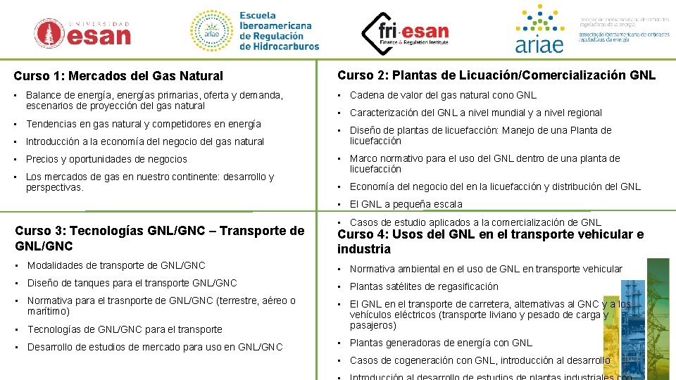 Curso 1: Mercados del Gas Natural Curso 2: Plantas de Licuación/Comercialización GNL • Balance