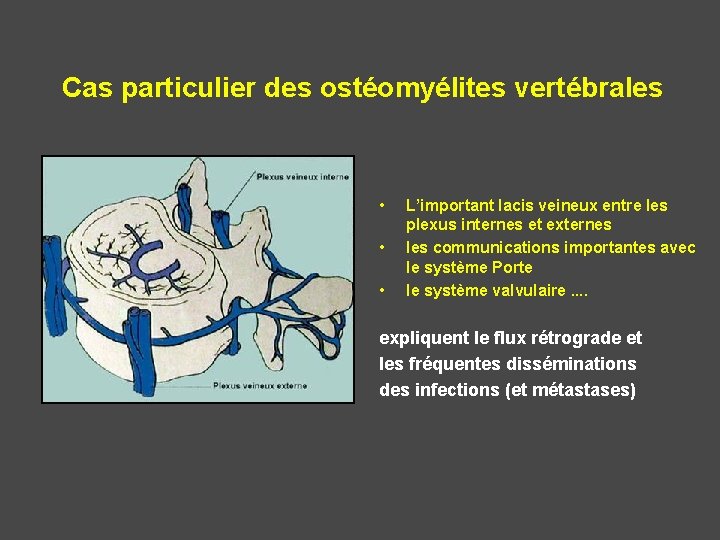 Cas particulier des ostéomyélites vertébrales • • • L’important lacis veineux entre les plexus