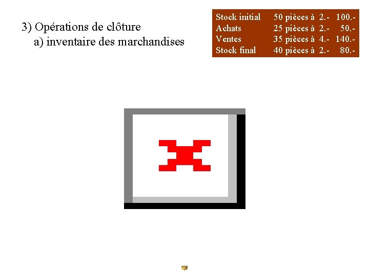 3) Opérations de clôture a) inventaire des marchandises Stock initial Achats Ventes Stock final