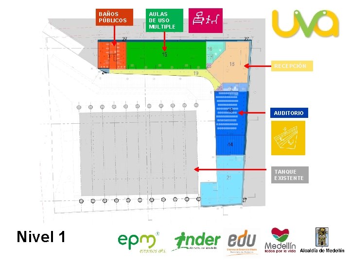 BAÑOS PÚBLICOS AULAS DE USO MULTIPLE RECEPCIÓN AUDITORIO TANQUE EXISTENTE Nivel 1 