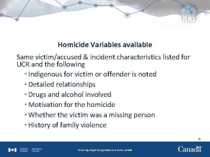 Homicide Variables available Same victim/accused & incident characteristics listed for UCR and the following