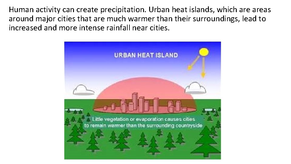 Human activity can create precipitation. Urban heat islands, which areas around major cities that Human activity can create precipitation. Urban heat islands, which areas around major cities that