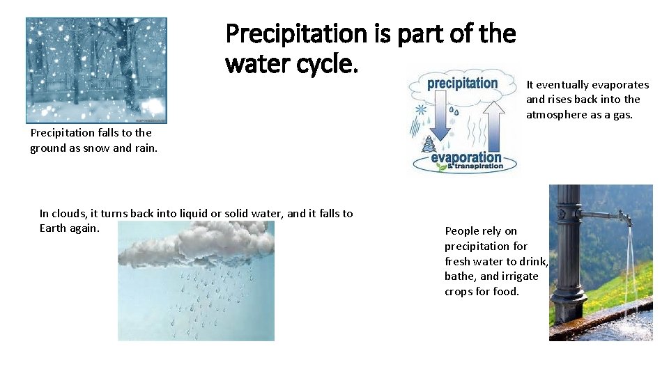 Precipitation is part of the water cycle. It eventually evaporates and rises back into Precipitation is part of the water cycle. It eventually evaporates and rises back into
