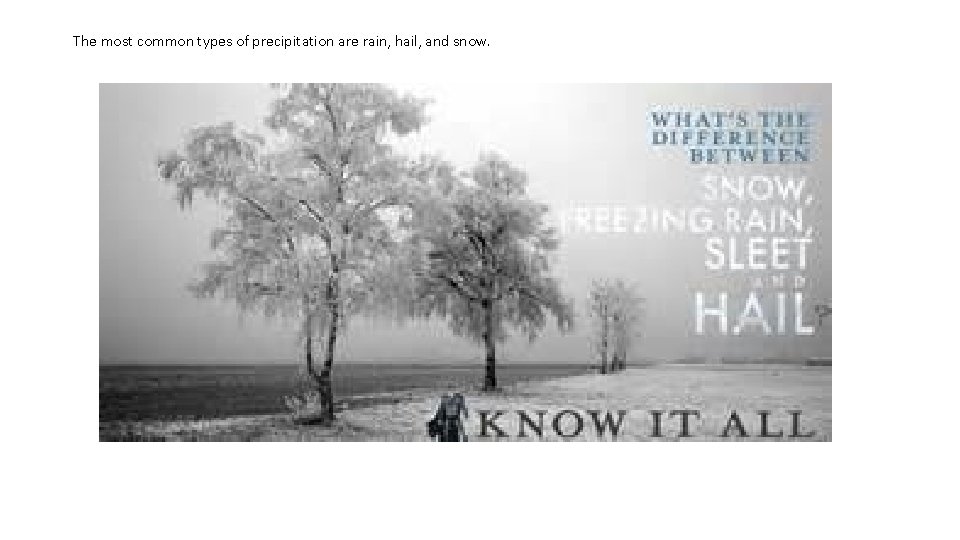 The most common types of precipitation are rain, hail, and snow. The most common types of precipitation are rain, hail, and snow.