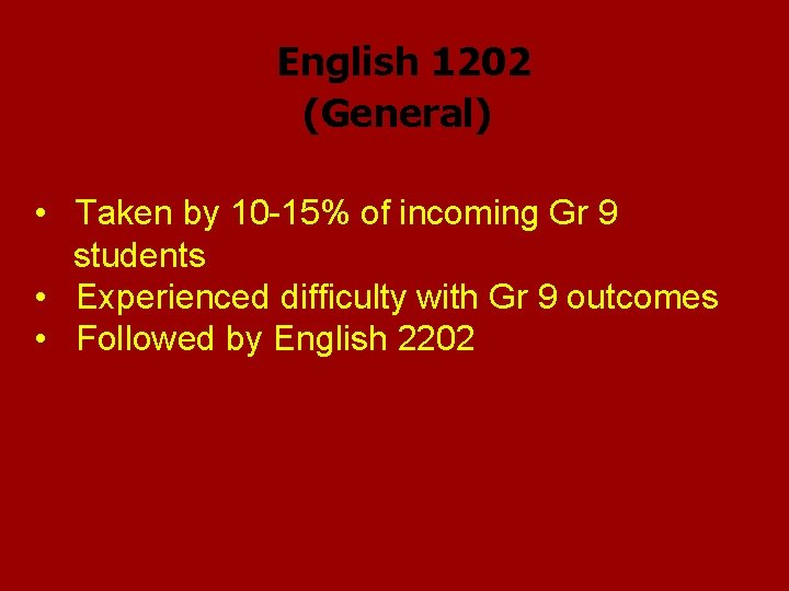 English 1202 (General) • Taken by 10 -15% of incoming Gr 9 students •