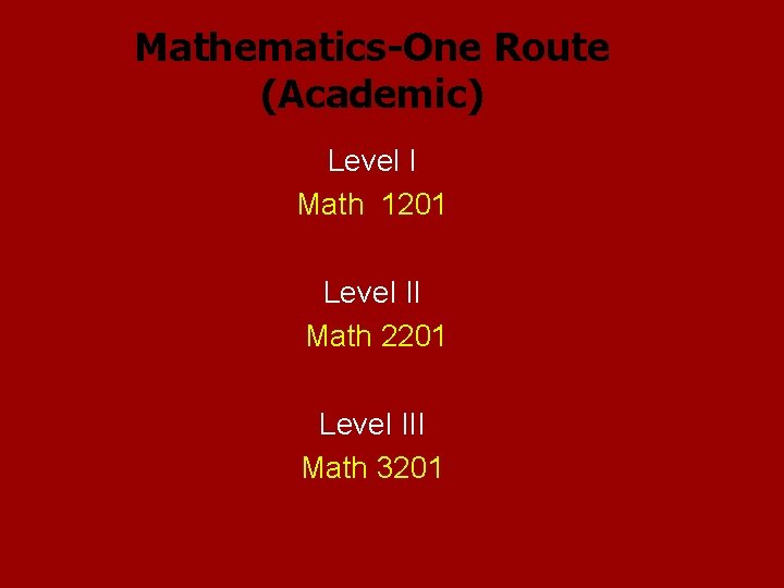 Mathematics-One Route (Academic) Level I Math 1201 Level II Math 2201 Level III Math