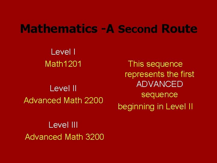 Mathematics -A Second Route Level I Math 1201 Level II Advanced Math 2200 Level