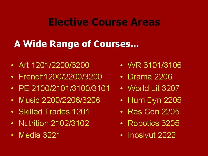 Elective Course Areas A Wide Range of Courses. . . • • Art 1201/2200/3200
