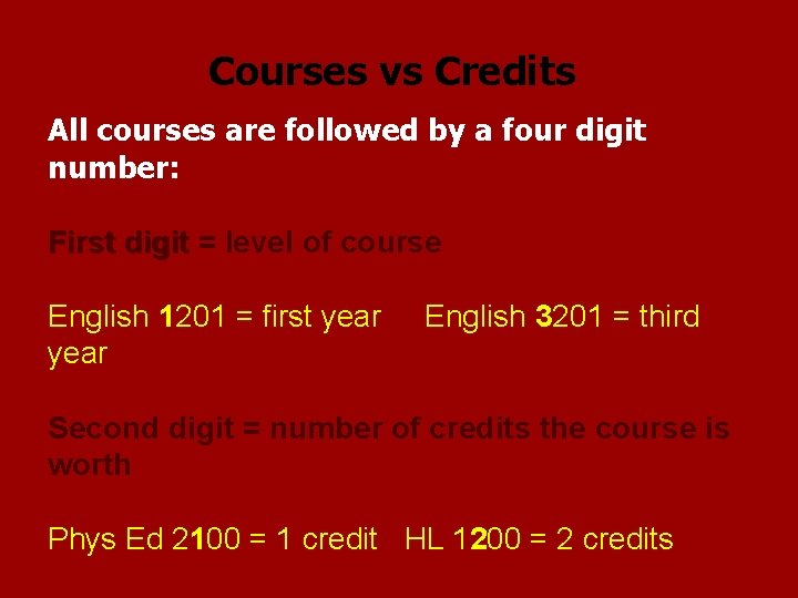 Courses vs Credits All courses are followed by a four digit number: First digit