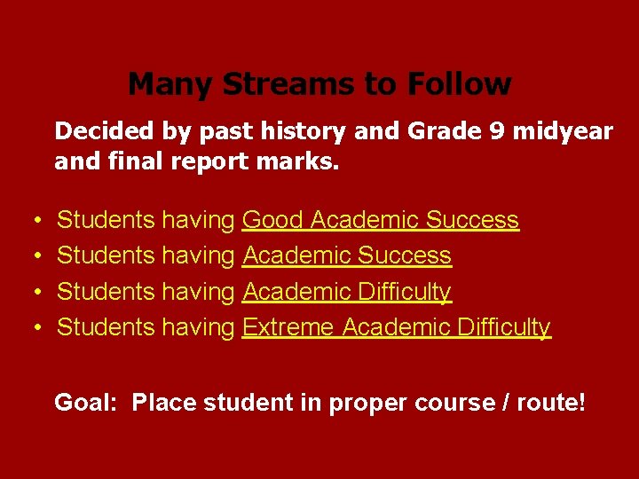 Many Streams to Follow Decided by past history and Grade 9 midyear and final