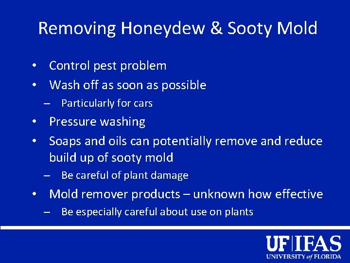 Removing Honeydew & Sooty Mold • Control pest problem • Wash off as soon