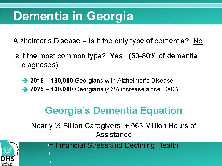 Dementia in Georgia Alzheimer’s Disease = Is it the only type of dementia? No.
