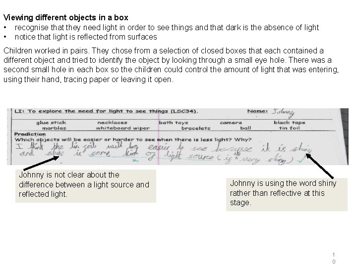 Viewing different objects in a box • recognise that they need light in order