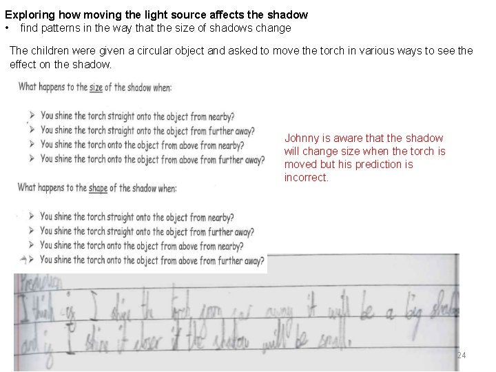 Exploring how moving the light source affects the shadow • find patterns in the