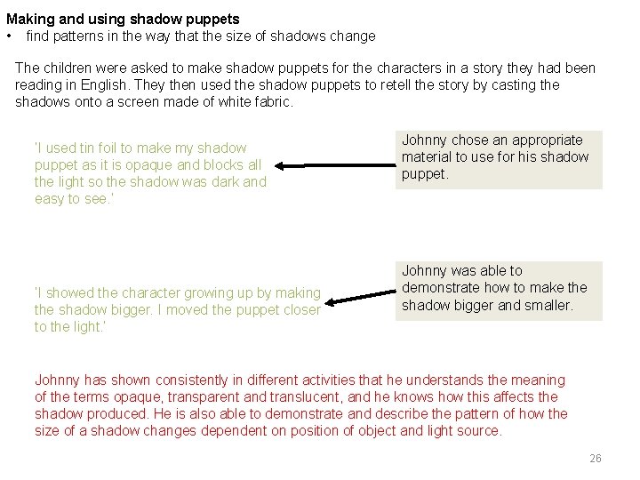 Making and using shadow puppets • find patterns in the way that the size