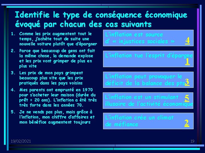 Identifie le type de conséquence économique évoqué par chacun des cas suivants 1. Comme