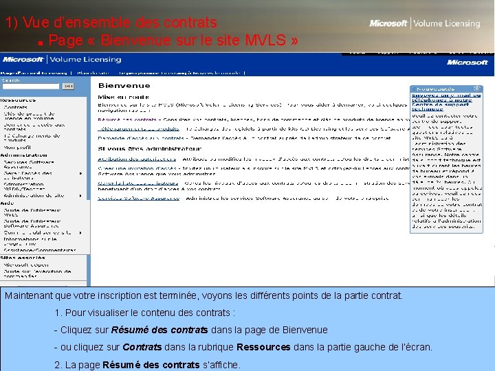 1) Vue d’ensemble des contrats ■ Page « Bienvenue sur le site MVLS »