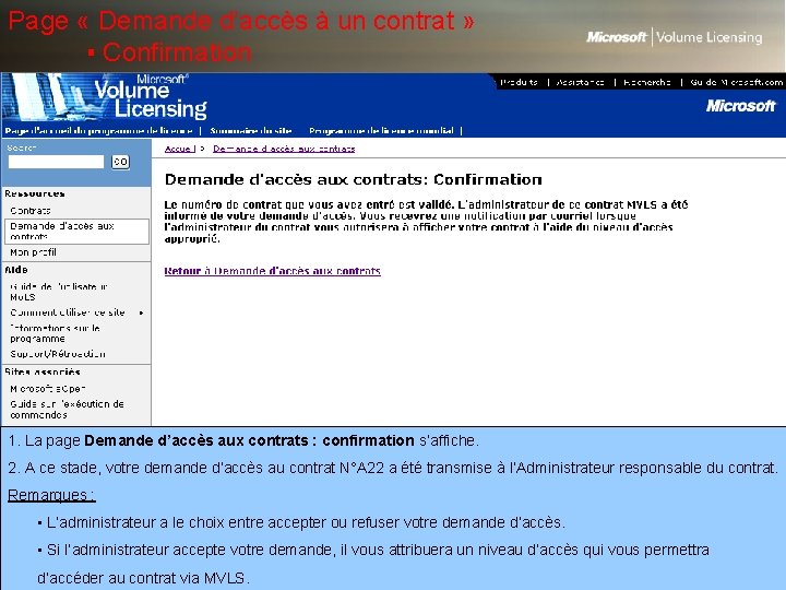 Page « Demande d’accès à un contrat » ▪ Confirmation 1. La page Demande