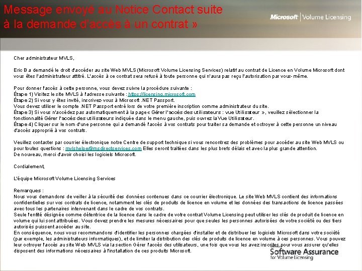 Message envoyé au Notice Contact suite à la demande d’accès à un contrat »