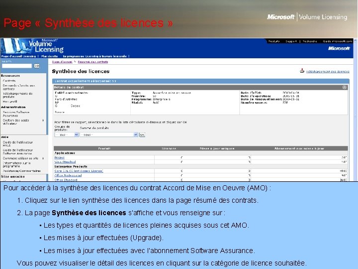 Page « Synthèse des licences » Pour accéder à la synthèse des licences du