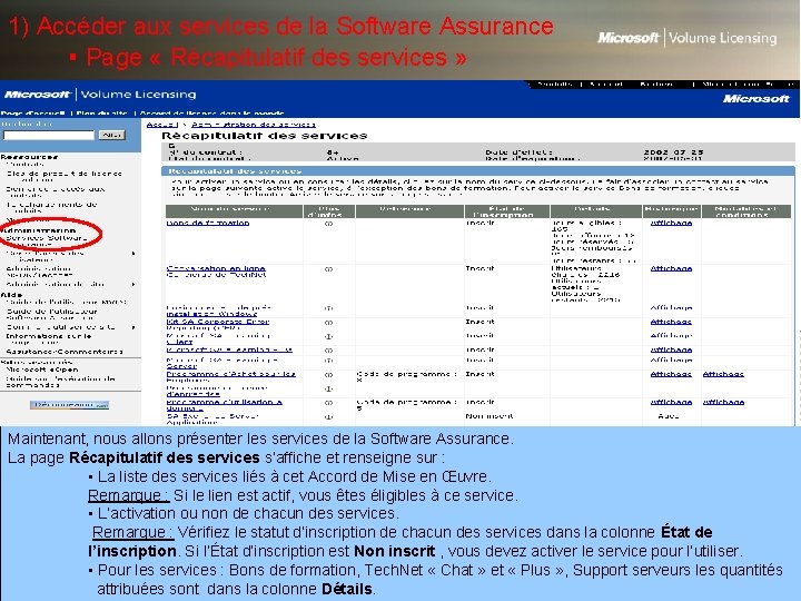 1) Accéder aux services de la Software Assurance ▪ Page « Récapitulatif des services