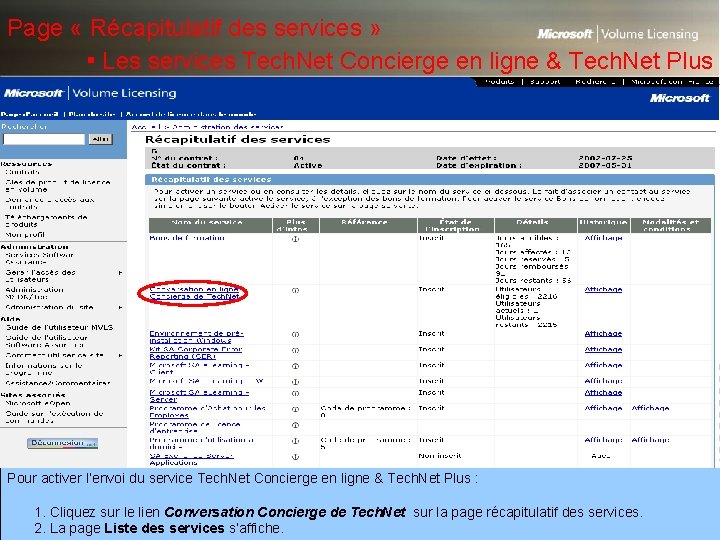 Page « Récapitulatif des services » ▪ Les services Tech. Net Concierge en ligne