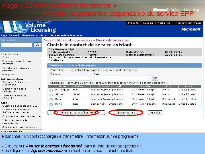 Page « Choisir le contact du service » ▪ Choisir la personne responsable du