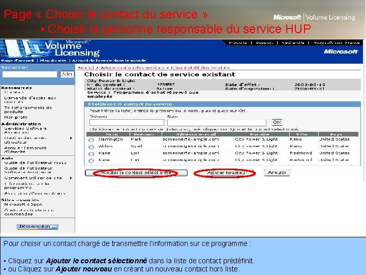 Page « Choisir le contact du service » ▪ Choisir la personne responsable du