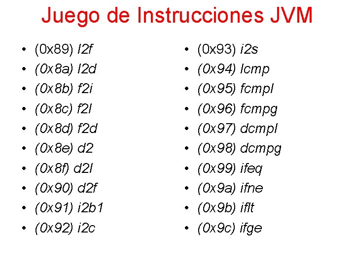 Juego de Instrucciones JVM • • • (0 x 89) l 2 f (0