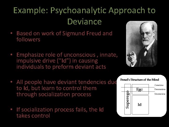 Example: Psychoanalytic Approach to Deviance • Based on work of Sigmund Freud and followers