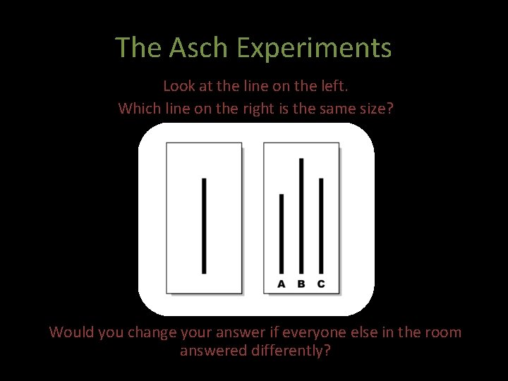 The Asch Experiments Look at the line on the left. Which line on the