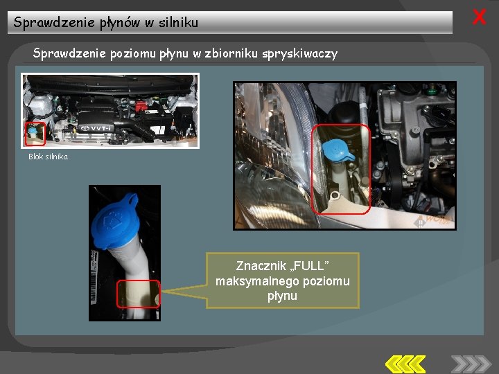X Sprawdzenie płynów w silniku Sprawdzenie poziomu płynu w zbiorniku spryskiwaczy Blok silnika Znacznik