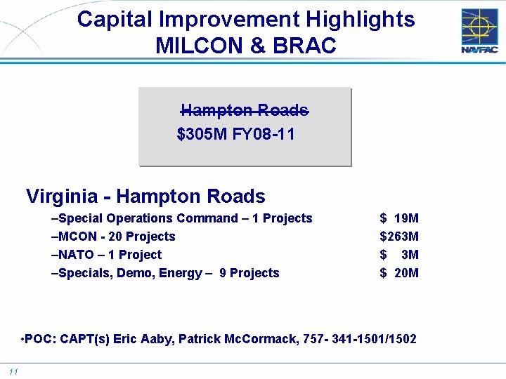 Capital Improvement Highlights MILCON & BRAC Hampton Roads $305 M FY 08 -11 Virginia