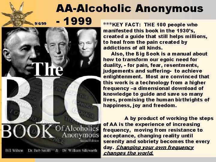 9/6/99 AA-Alcoholic Anonymous - 1999 ***KEY FACT: THE 100 people who manifested this book