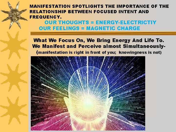 MANIFESTATION SPOTLIGHTS THE IMPORTANCE OF THE RELATIONSHIP BETWEEN FOCUSED INTENT AND FREQUENCY. OUR THOUGHTS